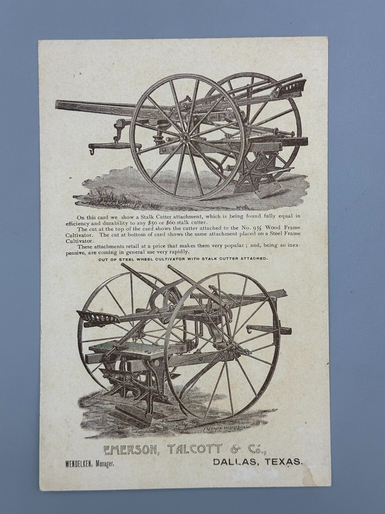 1880s EMERSON TALCOTT Farm Advertising DALLAS Texas TRADE CARD Vespucci Columbus