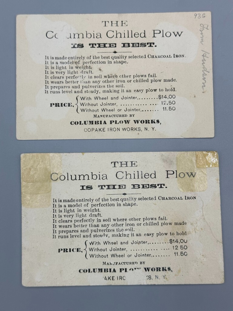 1880s COLUMBIA CHILLED PLOW Monkey FARM Advertise Trade Card COPAKE IRON WORK NY
