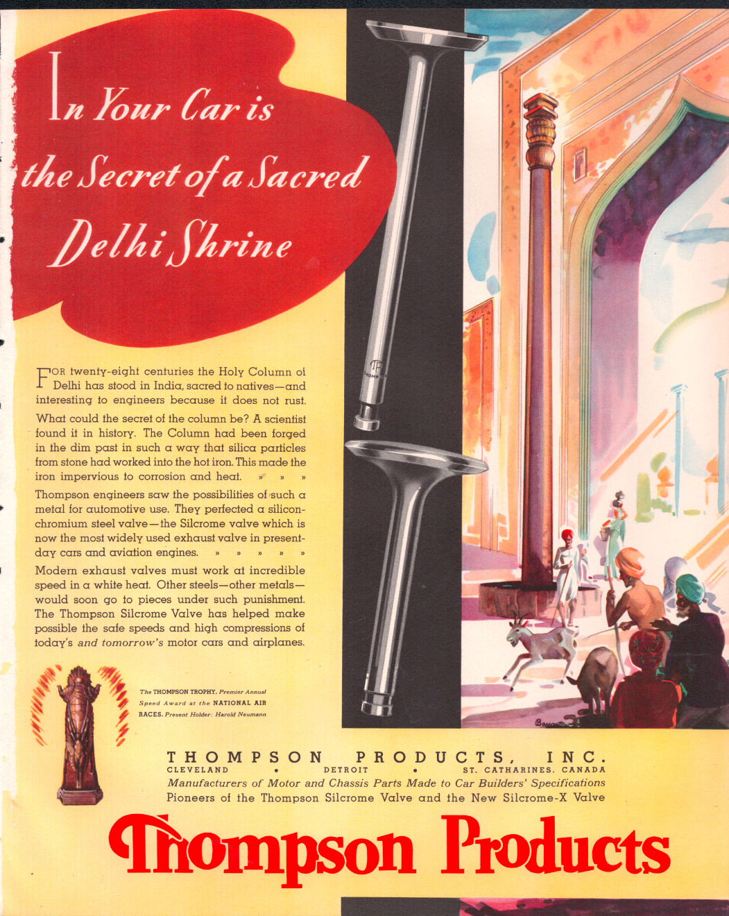 Thompson Holy Column of Delhi Automotive Products Artist « Bauman » 1936 Print Ad