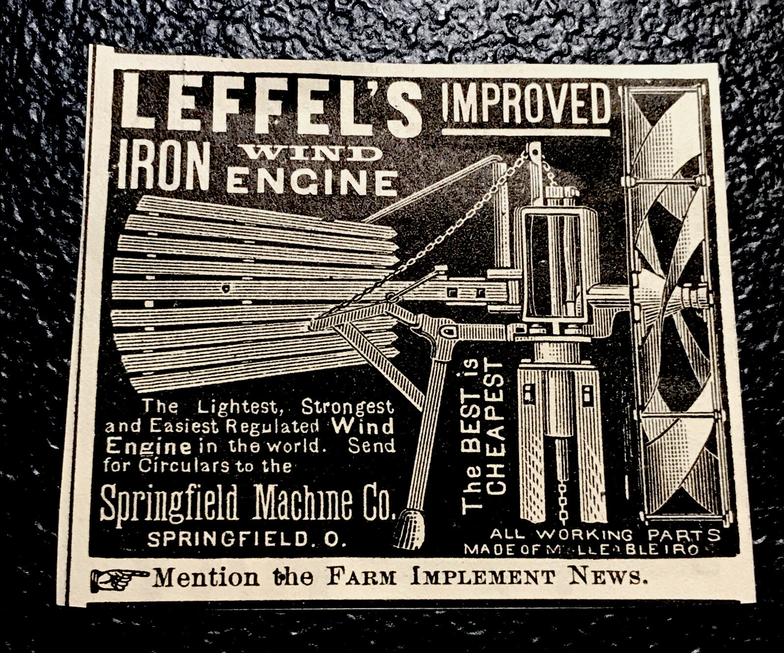 1886 Leffel Wind Mill Engine Farm Engraving Advertising – Springfield – Ohio