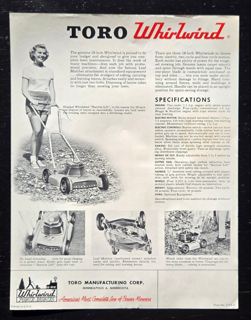 1954 TORO MANUFACTURING CORP 18 INCH WHIRLWIND LAWN MOWER SALES ADVERTISEMENT