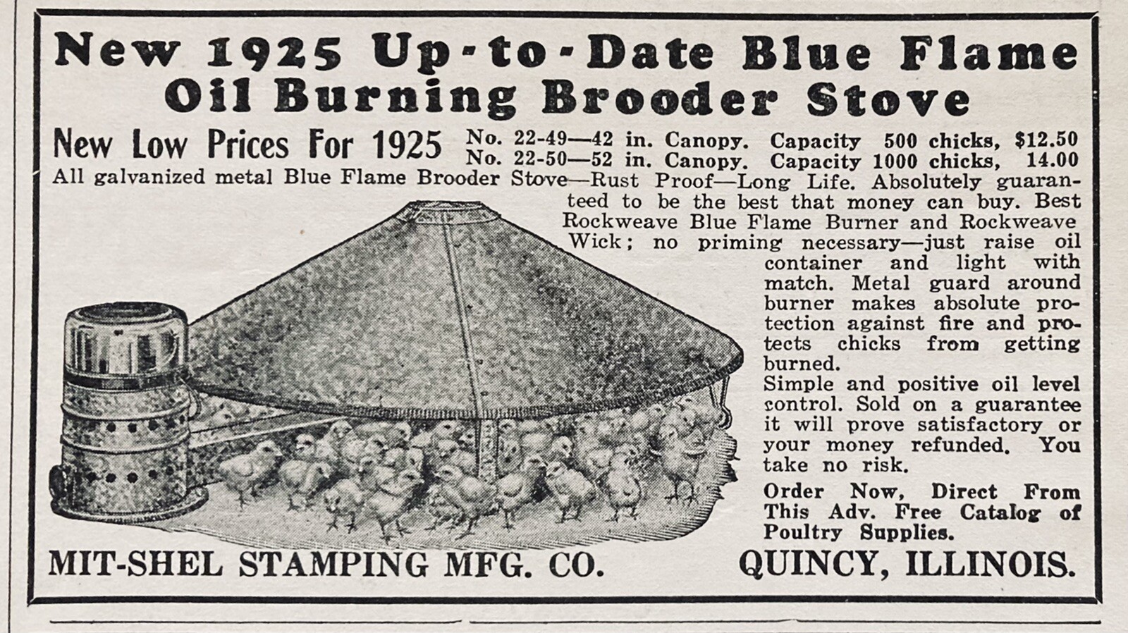 1925 AD.(XH44)~MIT-SHEL STAMPING MFG. CO. QUINCY, ILL. OIL BURNING BROODER STOVE