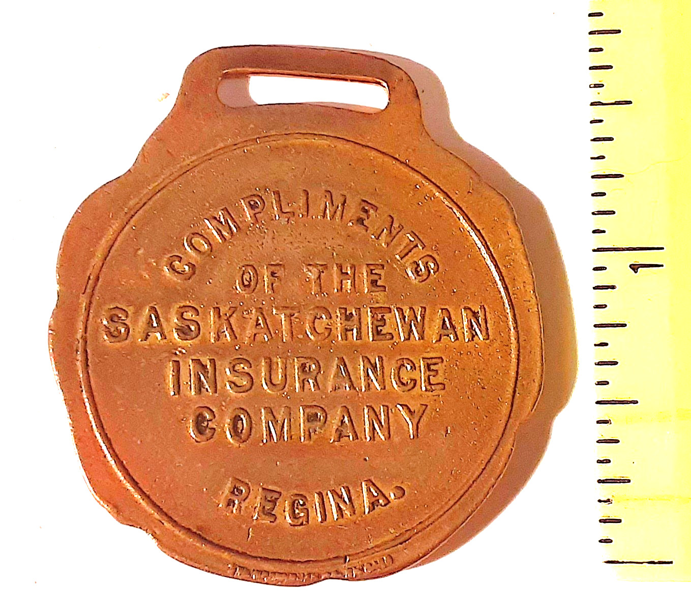* AWESOME * ANTIQUE WATCH FOB – Ag Related – Saskatchewan Insurance – ENAMELED