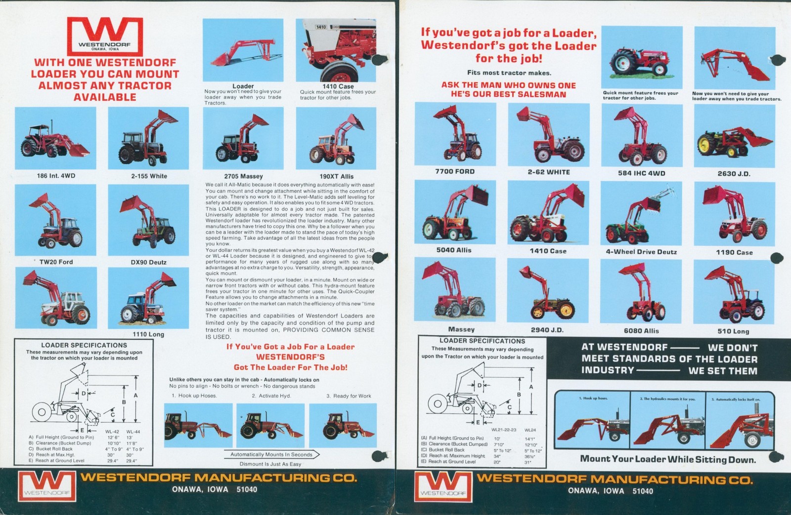 c1970 Westendorf Front End Loader Glossy Dealer Brochure Pair Bucket Onawa Iowa