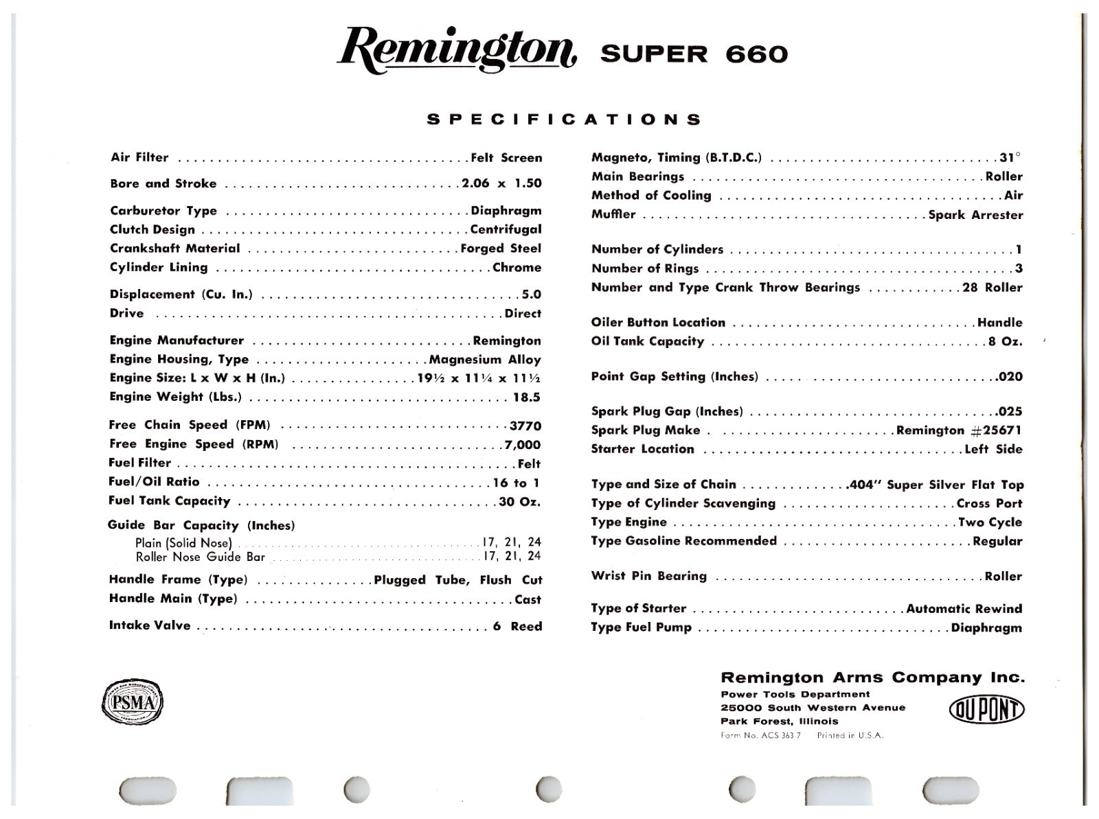 Vintage Original Remington Chainsaws Sales Sheet (Model Super 660) Info Sheet