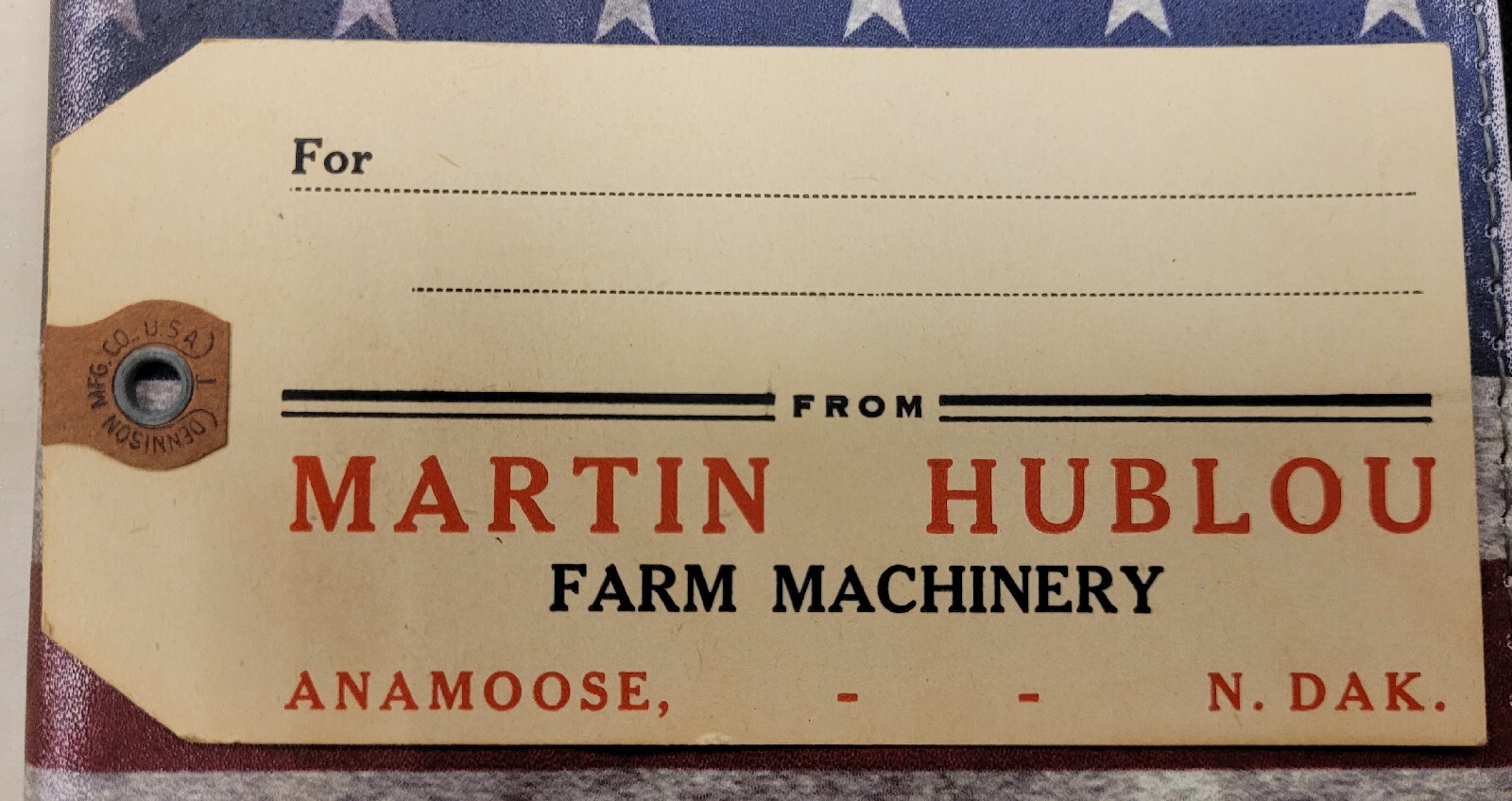 Vintage Martin Hublou Farm Machinery Shipping Tag Anamoose North Dakota Case IH?