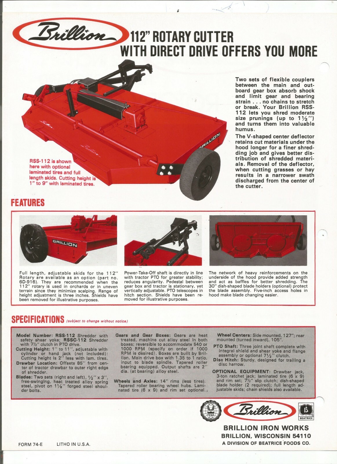 Brillion 112&Prime; Field and Orchard RSS112 RSSC112 Rotary Cutter Brochure Form 74-E