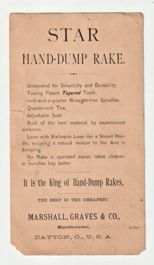 Victorian Trade card , Agriculture , STAR Hand Dump Rake , Marshall Graves