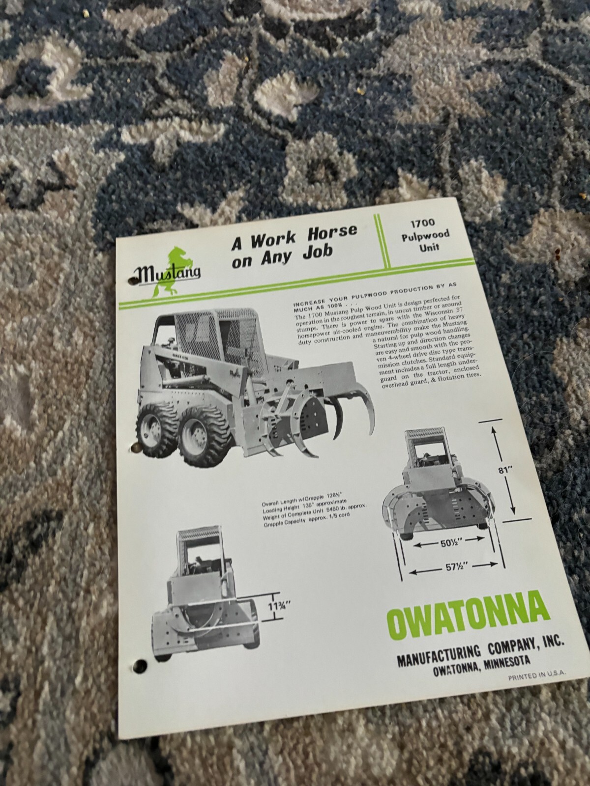 Owatonna Mustang Skid Steer Loader 1700 Pulpwood Unit Brochure FCCA24