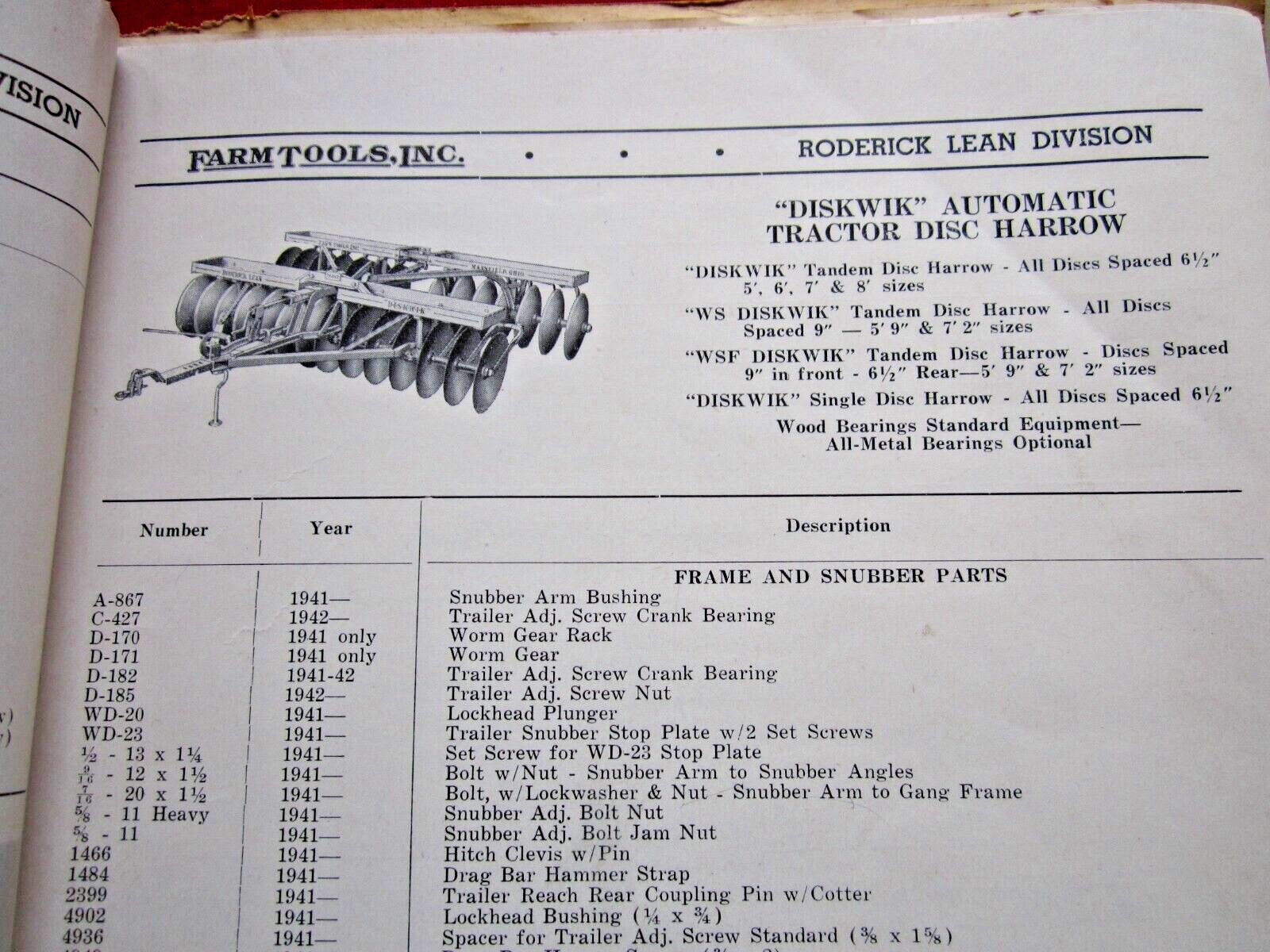 1952 FARM TOOLS, INC HORSE DRAWN FARM IMPLEMENTS 70+ PAGE PARTS CATALOG MANUAL