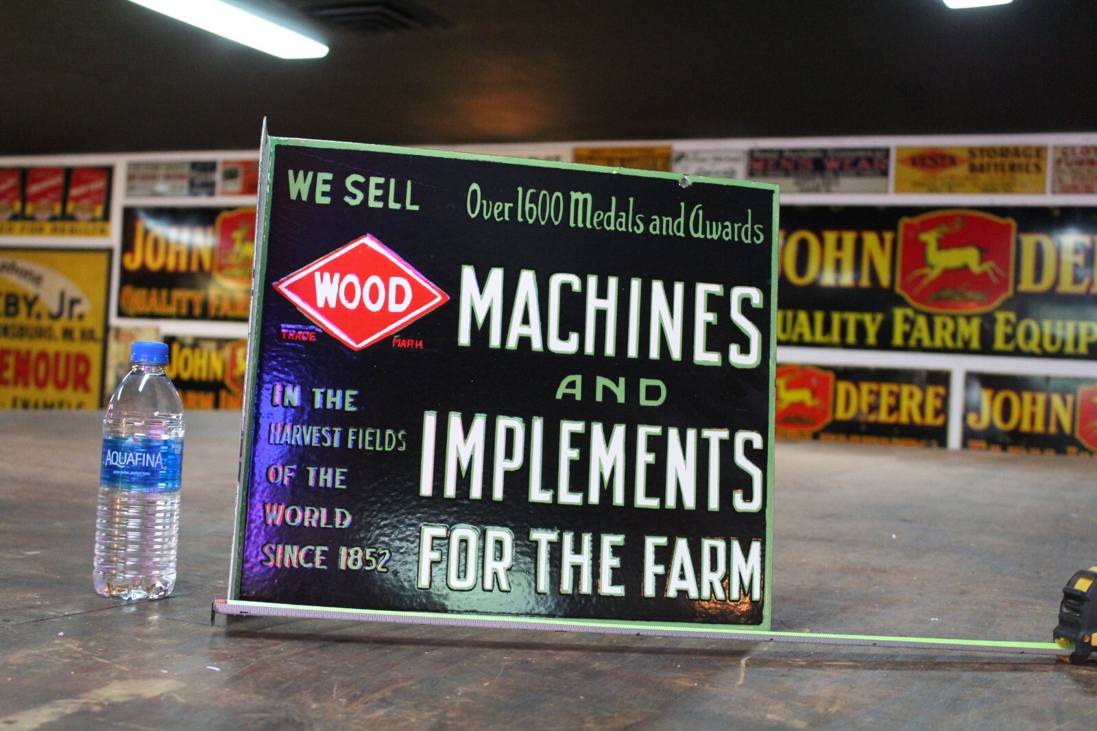 WOOD MACHINES AND IMPLEMENTS FARM DEALER 2-SIDED PORCELAIN METAL SIGN SEED FEED