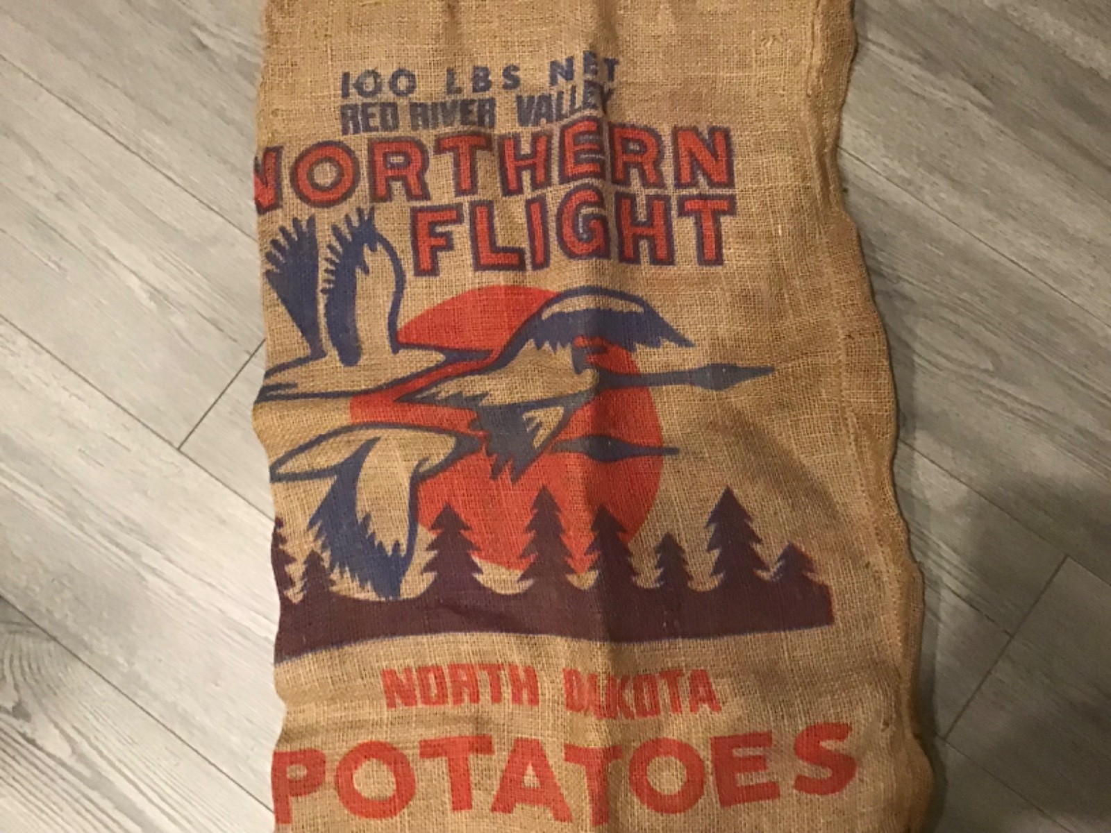 Vintage Northern Flight 100 lbs Potato Burlap Sack, North Dakota Potatoes