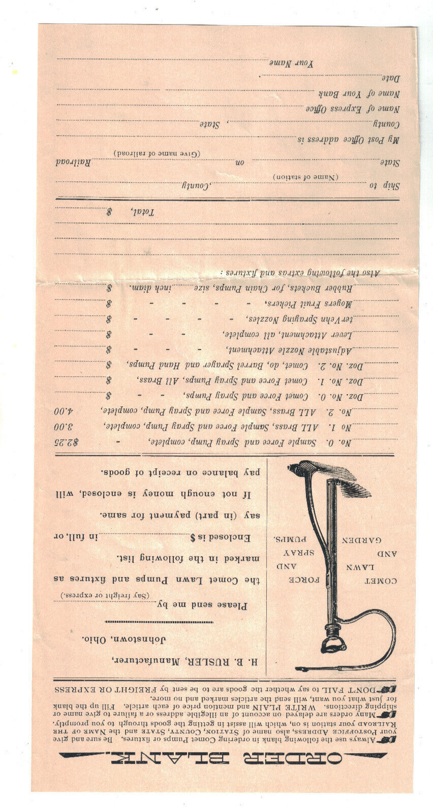 1896 Comet Lawn &Garden Force Pump Recruiting Letter Packet Price List Catalogue