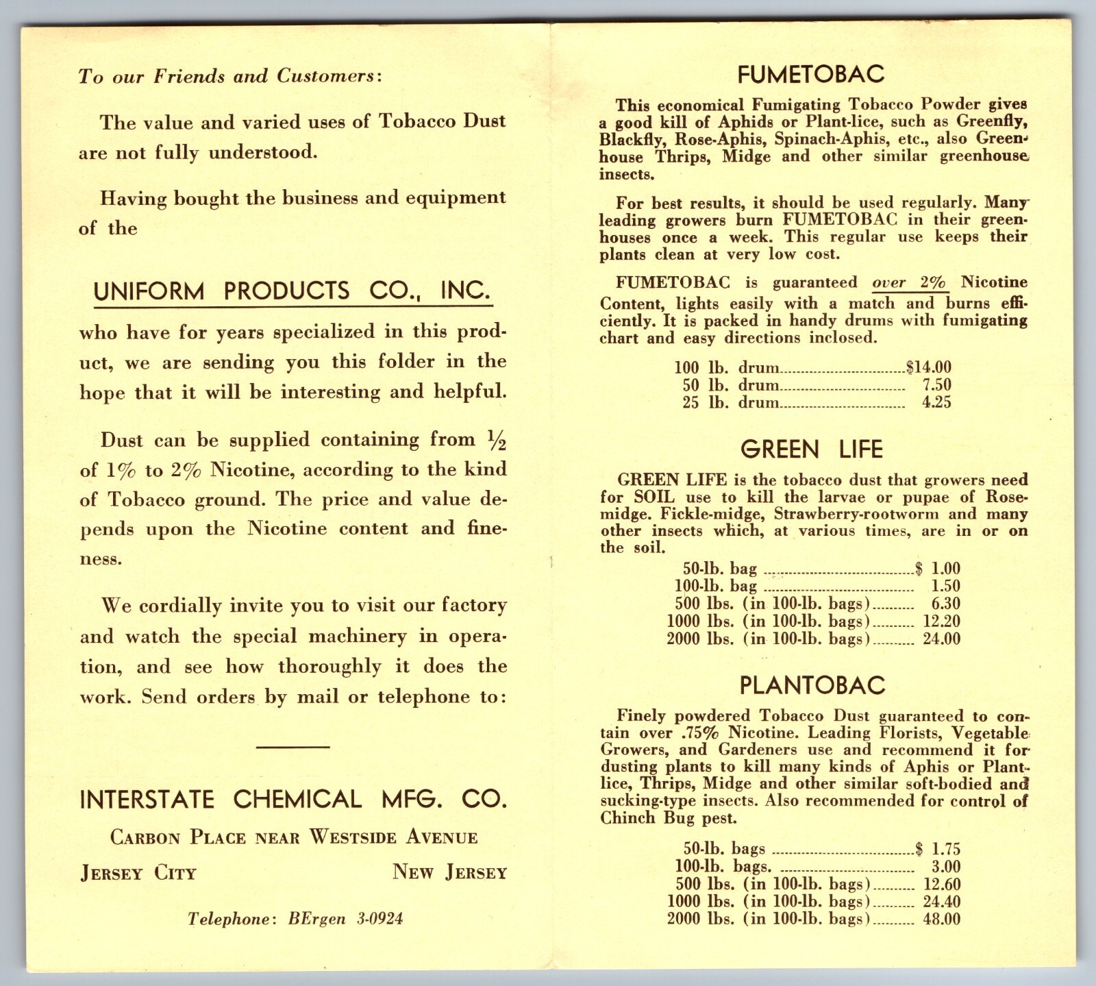 C.1930 JERSEY CITY, NJ TOBACCO DUST GRINDING MACHINE AGRICULTURE BROCHURE F14