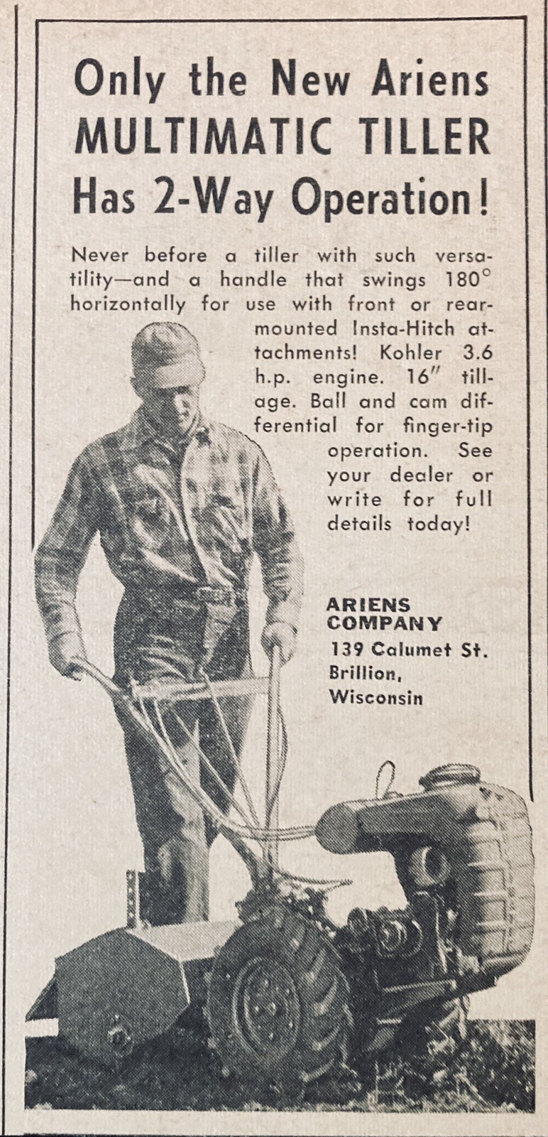 1957 AD.(XF17)~ARIENS CO. BRILLION, WISCONSIN. NEW ARIENS MULTIMATIC TILLER