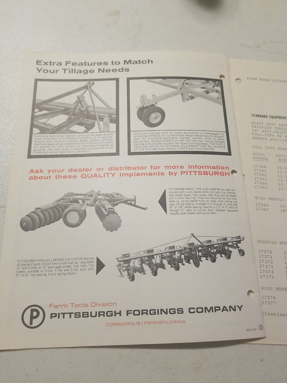 1970 PITTSBURGH FORGINGS CO. WHEEL TYPE FIELD CULTIVATOR BROCHURE & PRICE LIST