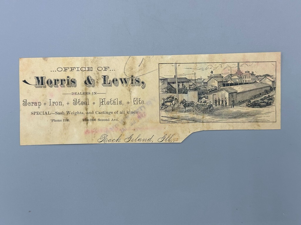 1897 Mooris & Lewis ROCK ISLAND Farm Advertising SCRAP IRON Letterhead PARTIAL