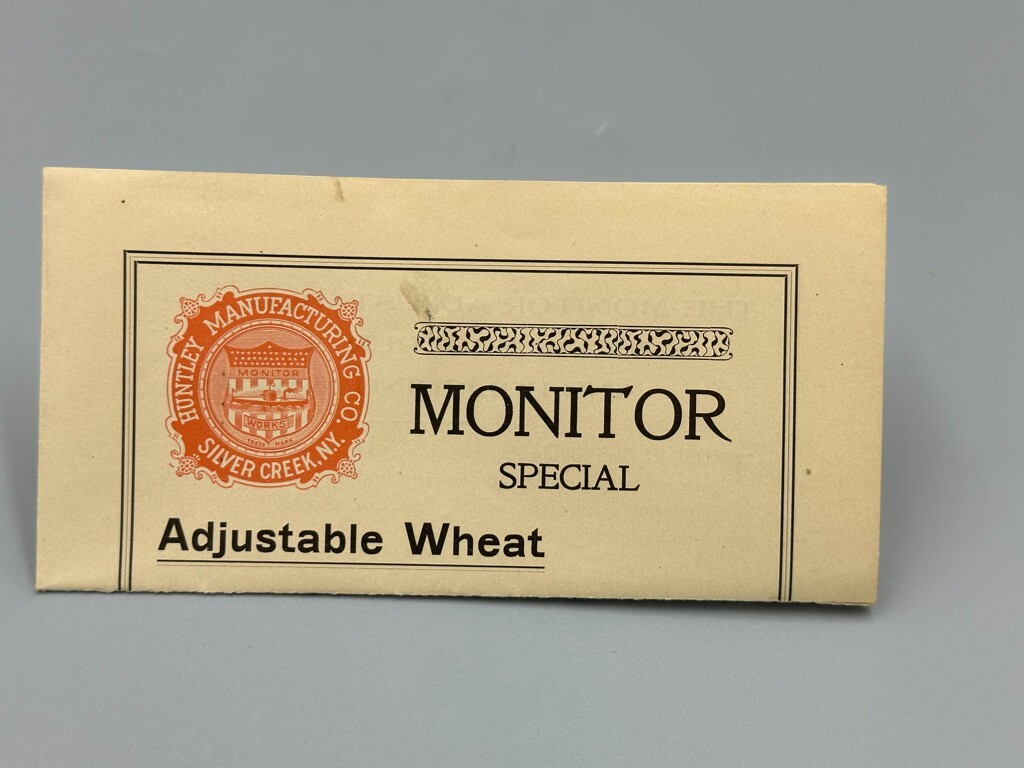 c 1900 HUNTLEY Mfg MONITOR WHEAT MACHINE Silver Creek NY Farm Advertising Antque