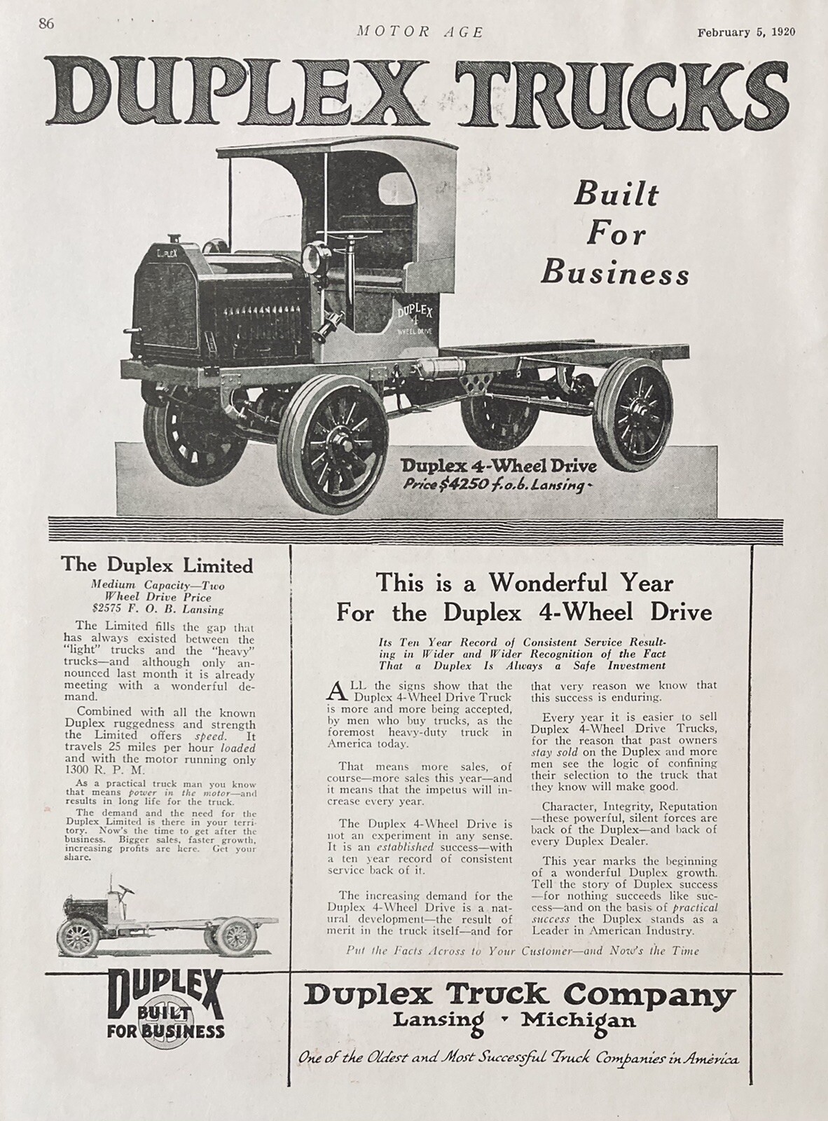 1920 AD.(XH39)~DUPLEX TRUCK CO. LANSING, MI. DULPEX BUSINESS TRUCKS