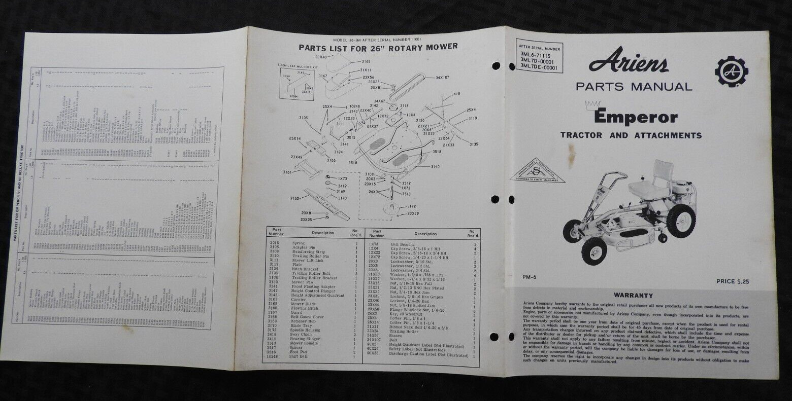 ORIG 1962-1968 ARIENS Emperor 6 Riding Lawn Mower Tractor Parts Catalog Manual