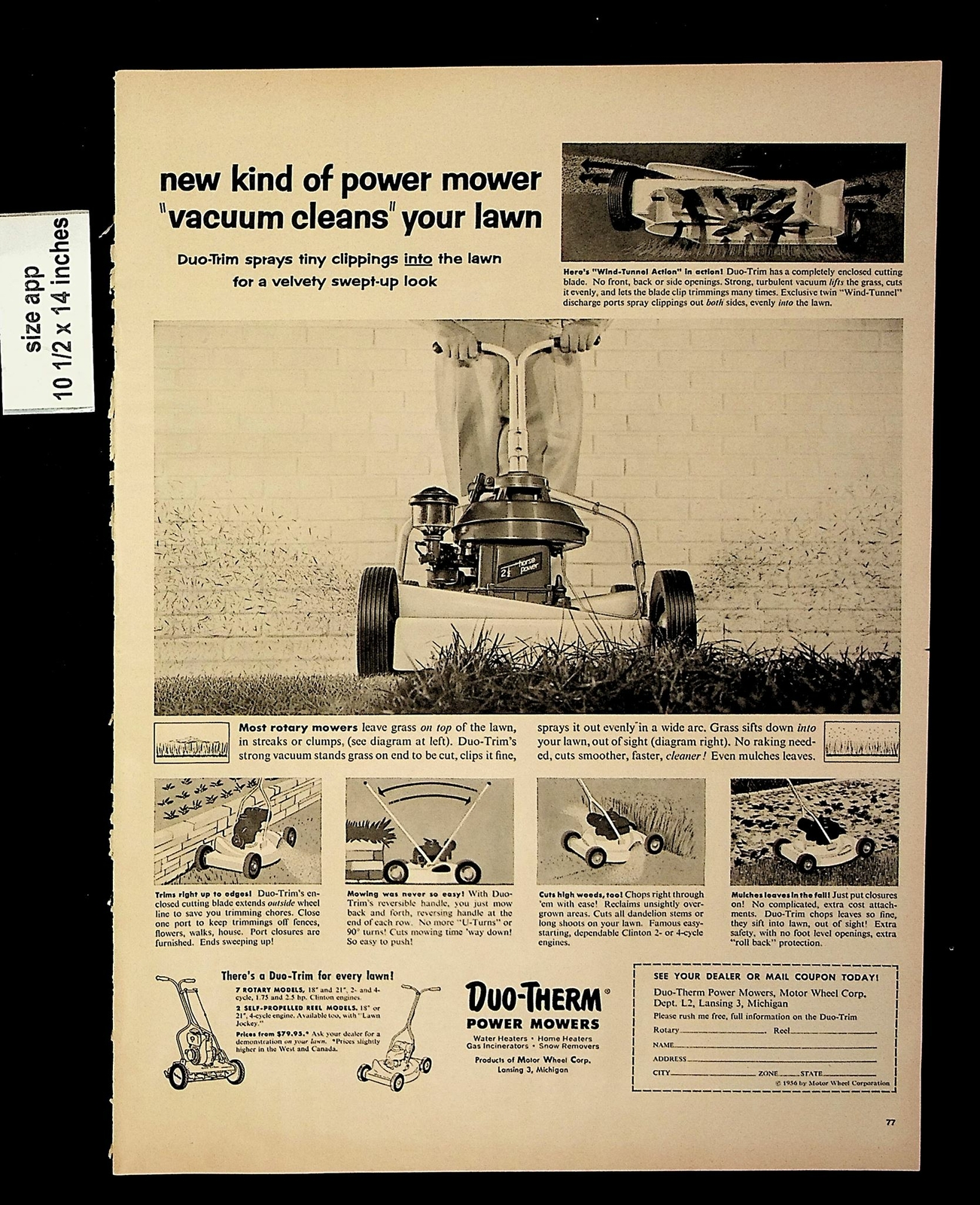 1956 Duo Therm Power Mowers Lawn Vacuum Cleaner Vintage Print Ad 9070