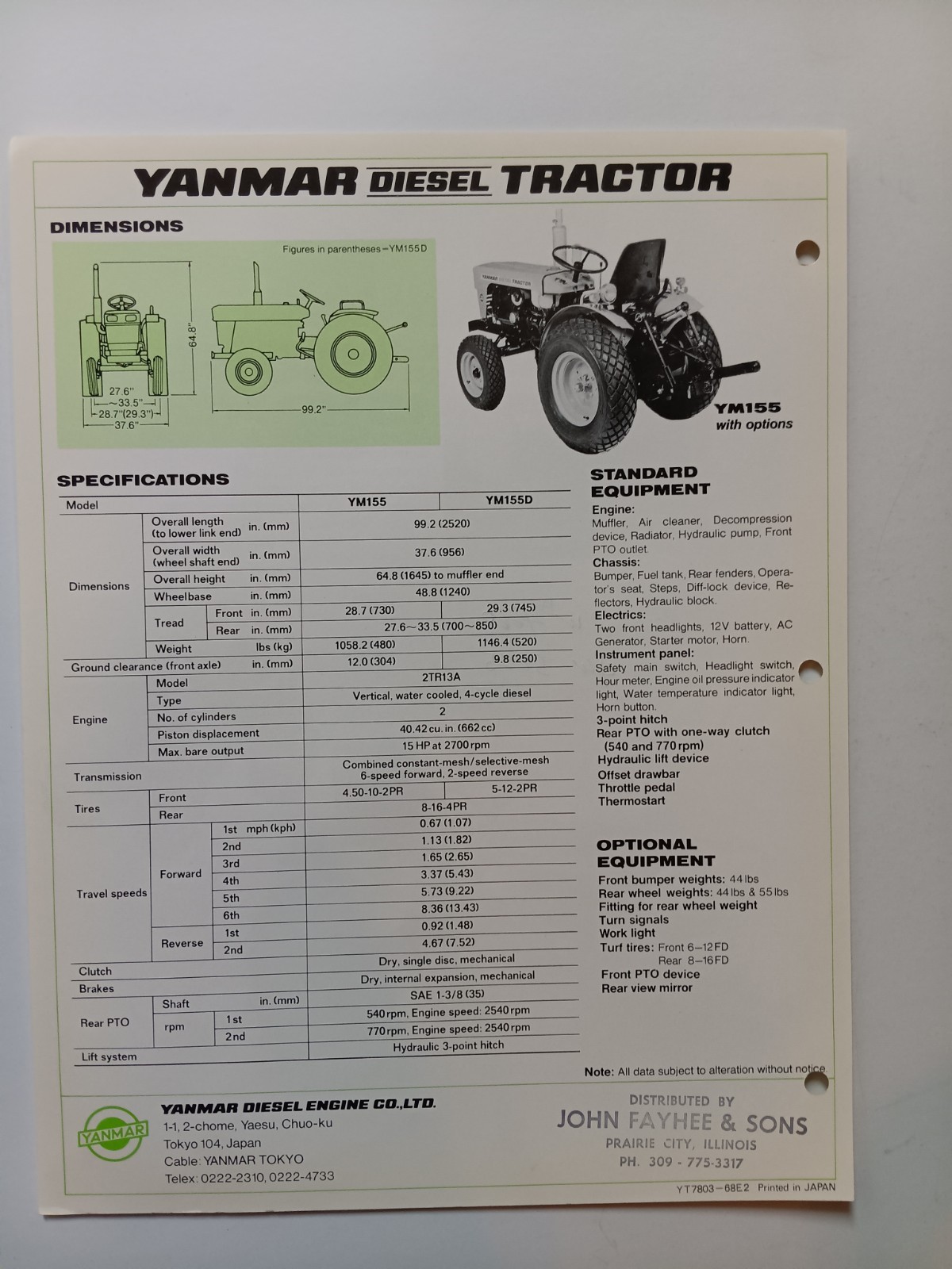 Yanmar YM155, YM 155D Diesel Tractor Spec Sales Sheet Flyer Farm Equipment Agri
