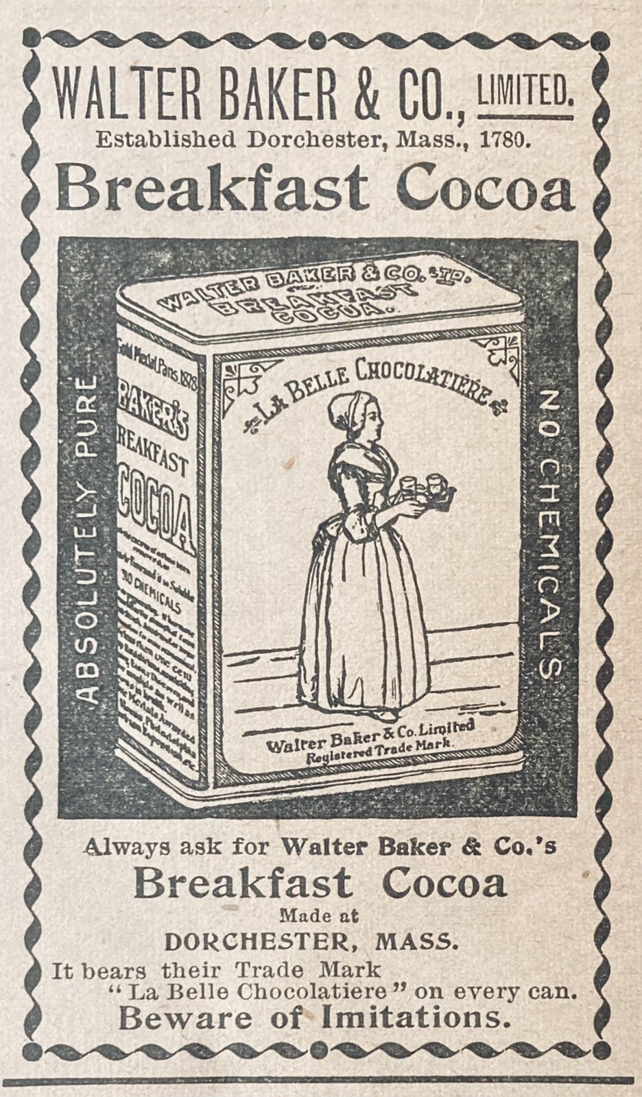 1896 AD.(XH45)~WALTER BAKER CO. DORCHESTER, MASS. BAKER’S BREAKFAST COCOA