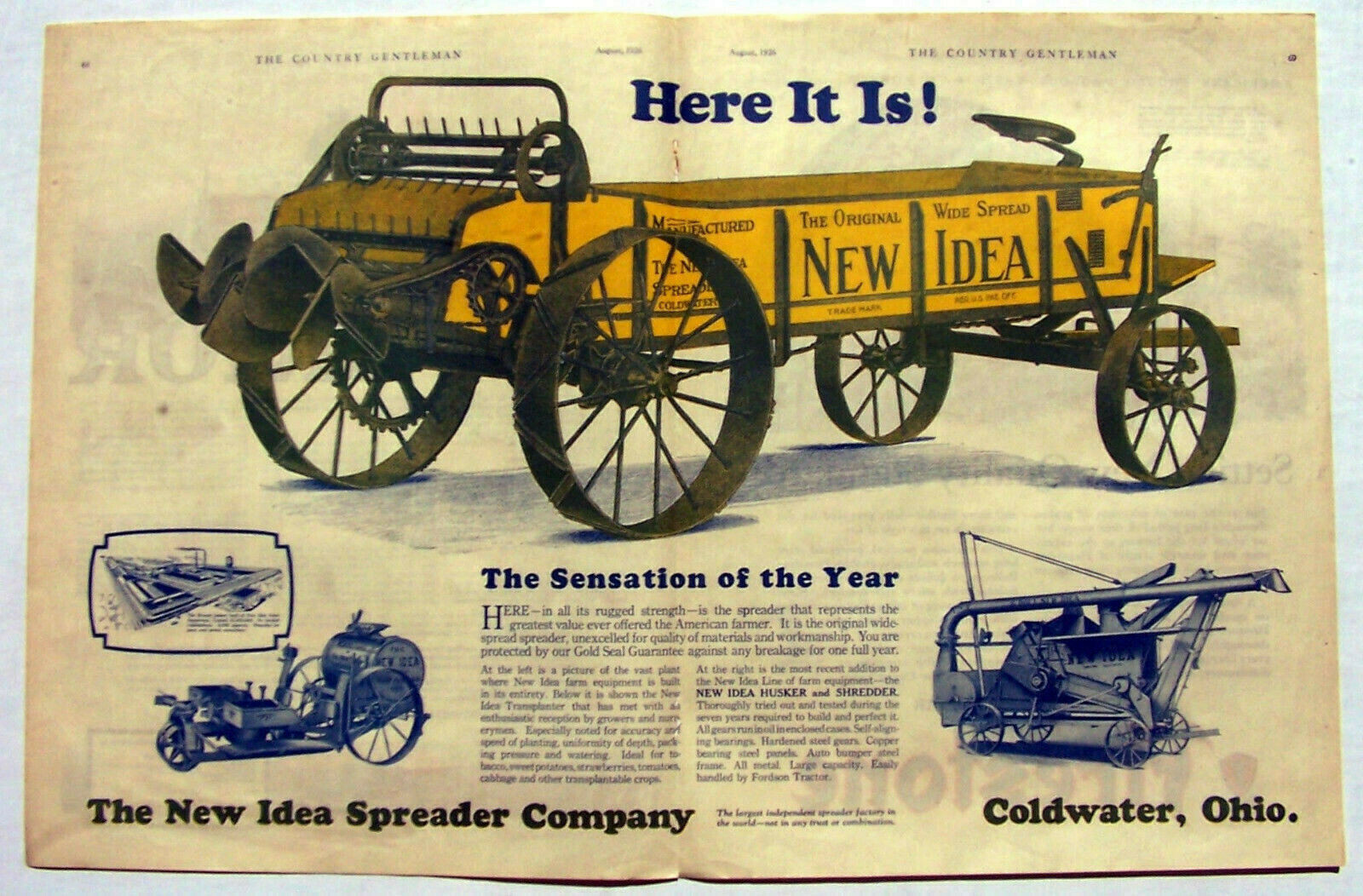 New Idea Spreader Company ad 1926 Sensation of the year 2 page ad Firestone