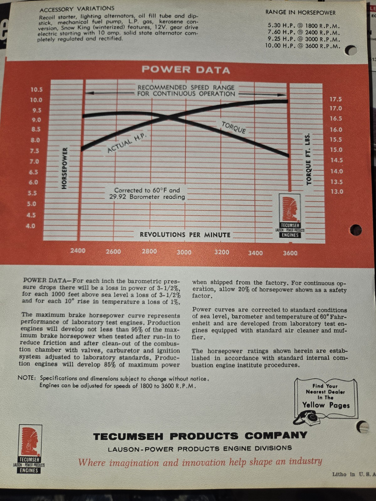 TECUMSEH MODEL HH 100 10HP SPECIFICATIONS AND DIMENSIONAL DATA SHEET 2 SIDED