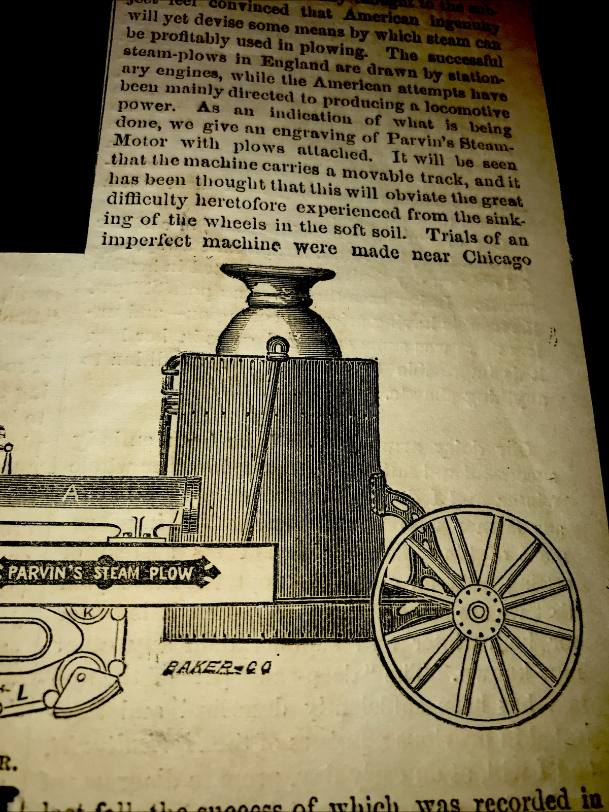 ORIGINAL 1873 Parvin’s Steam Motor Plow Farm Engraving Advertising & Article