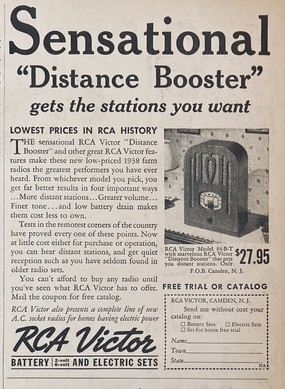 1937 AD.(XG8)~RCA VICTOR CO. CAMDEN, NJ. RCA VICTOR FARM W/DISTANCE BOOSTER