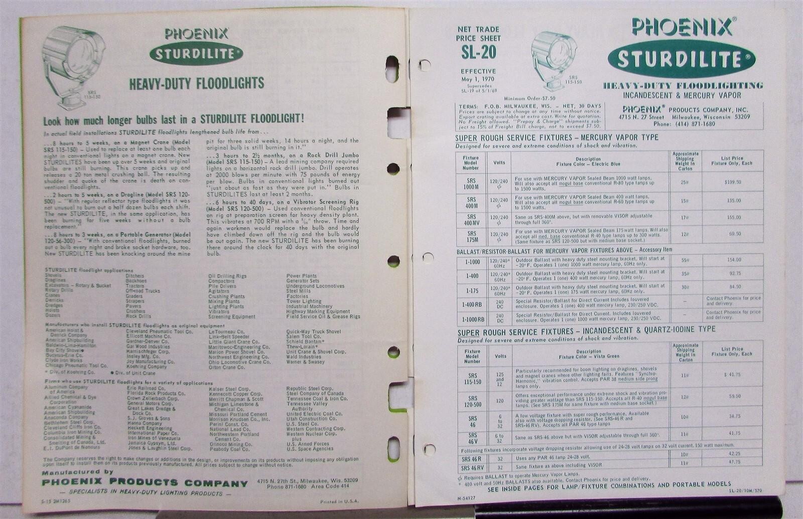 1969 Phoenix Sturdilite With Price List Floodlights Construction Sales Brochure