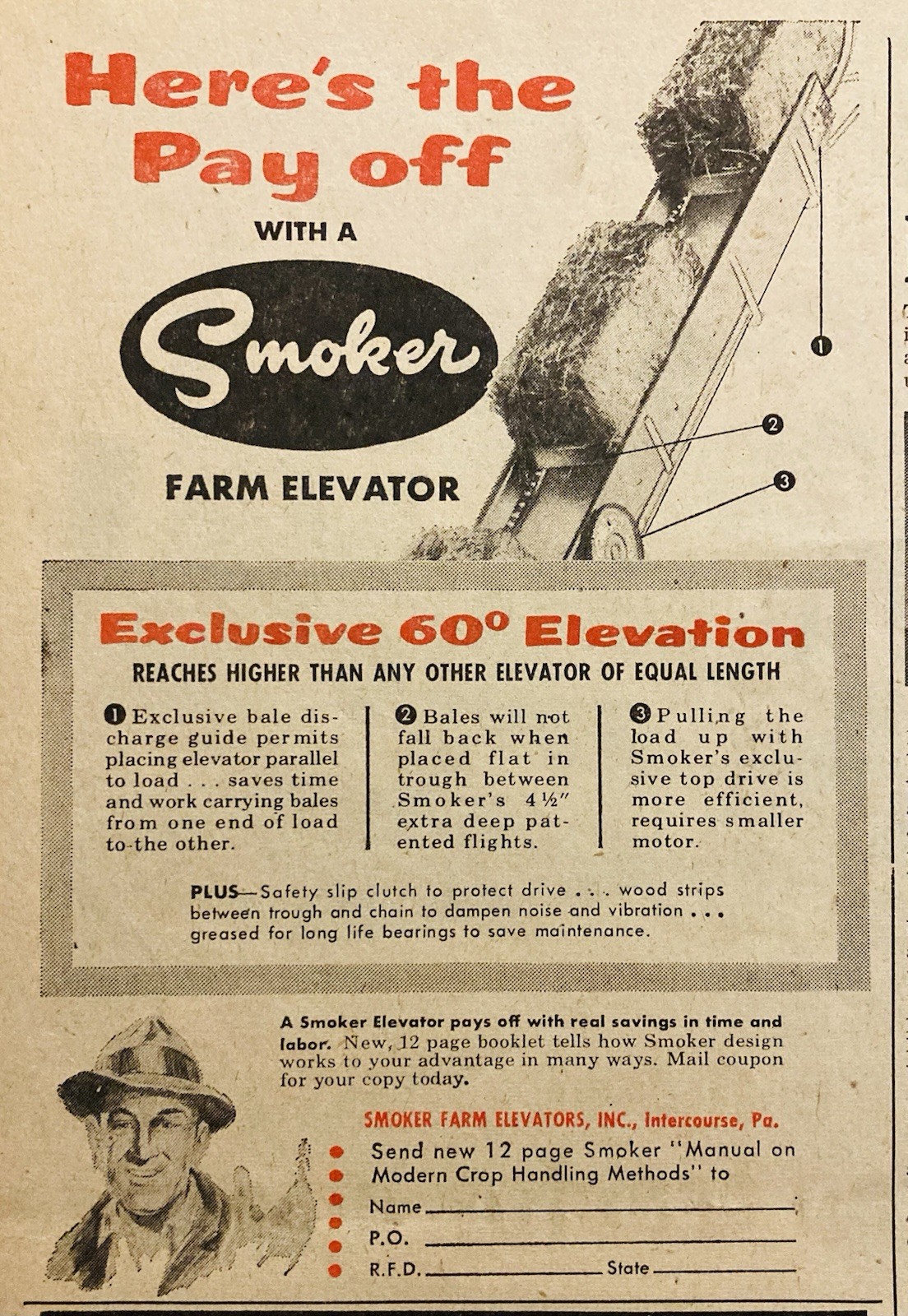 1958 AD.(XH85)~SMOKER FARM ELEVATORS, INC. INTERCOURSE, PA. SMOKER FARM ELEVATOR