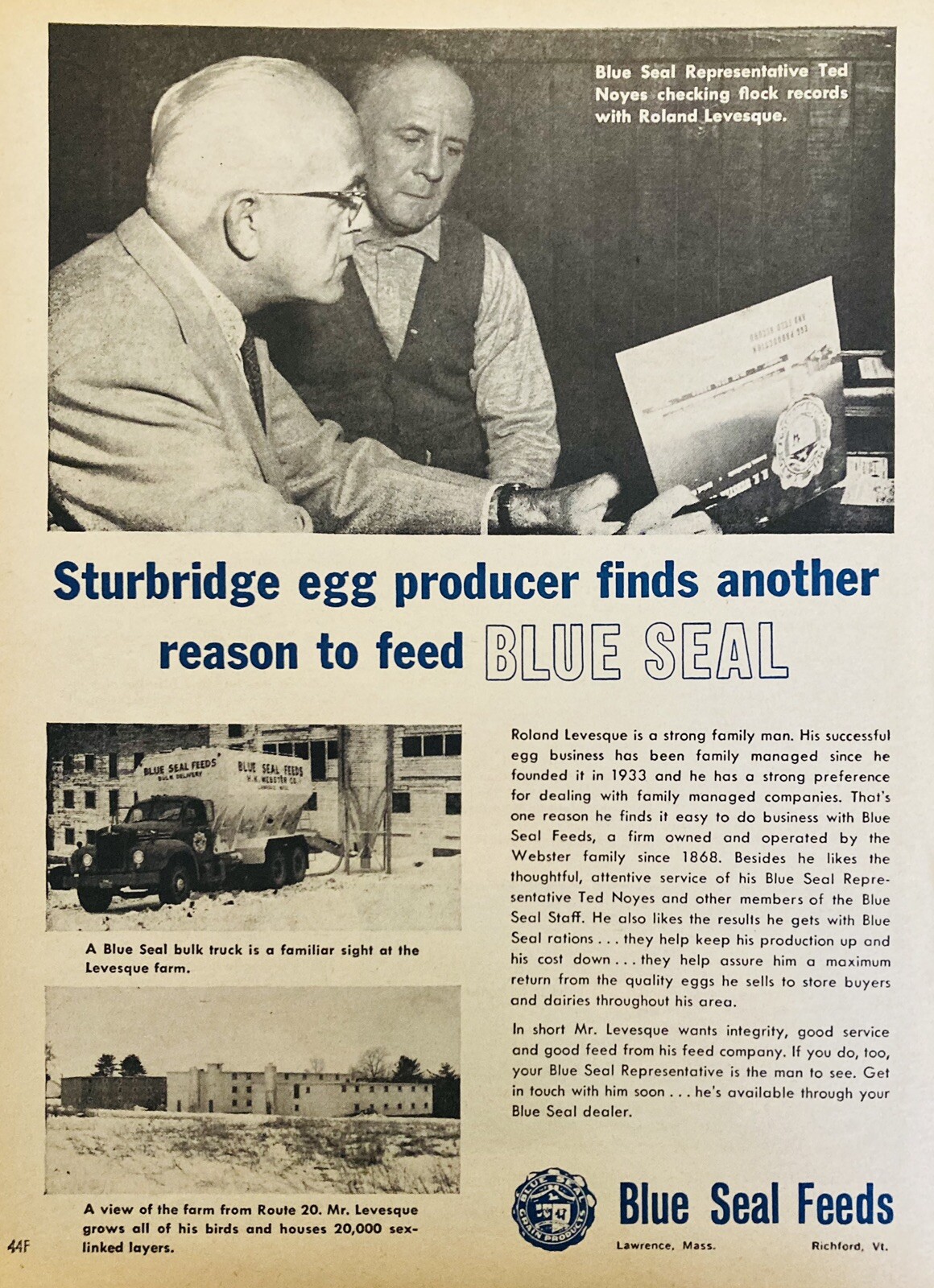 1961 AD.(XH75)~BLUE SEAL FEEDS, LEVESQUE FARM RT.20 STURBRIDGE, MASS.