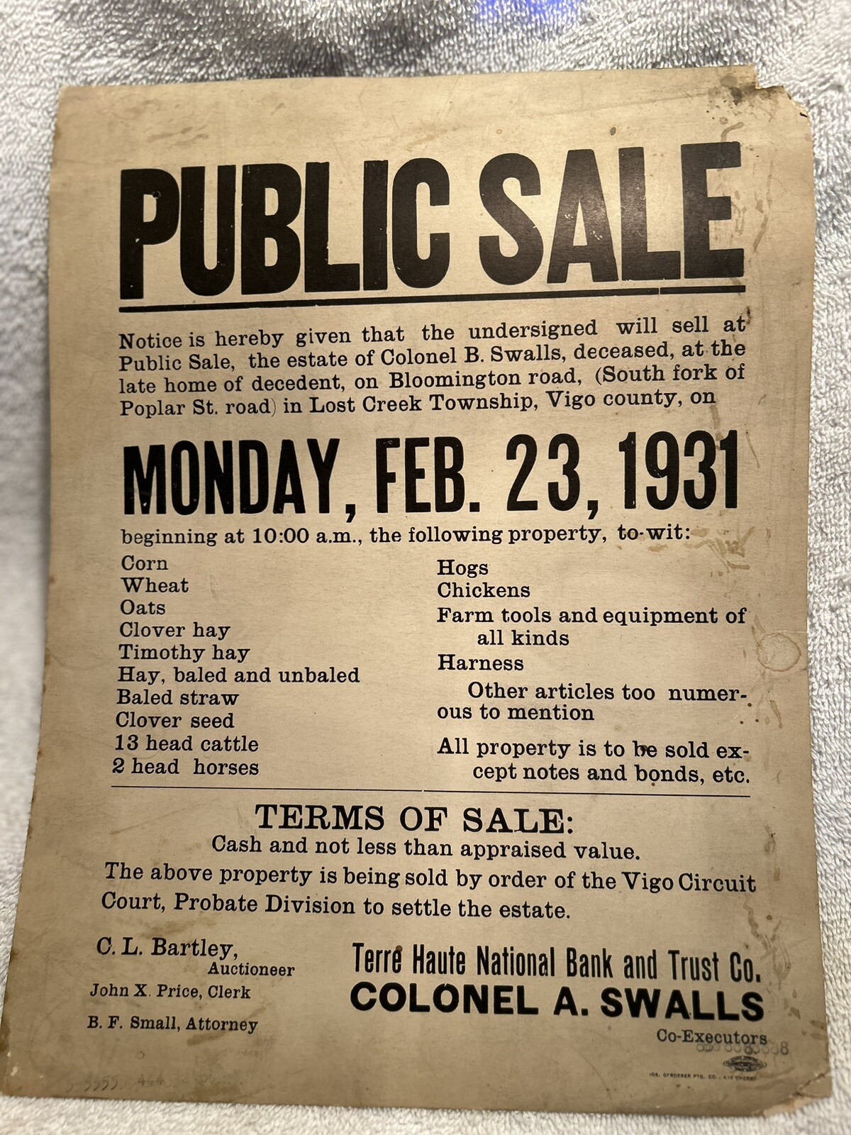 1931 Public Sale Sign Vigo Co. Colonel B. Swalls Lost Creek Bartley Auctioneer