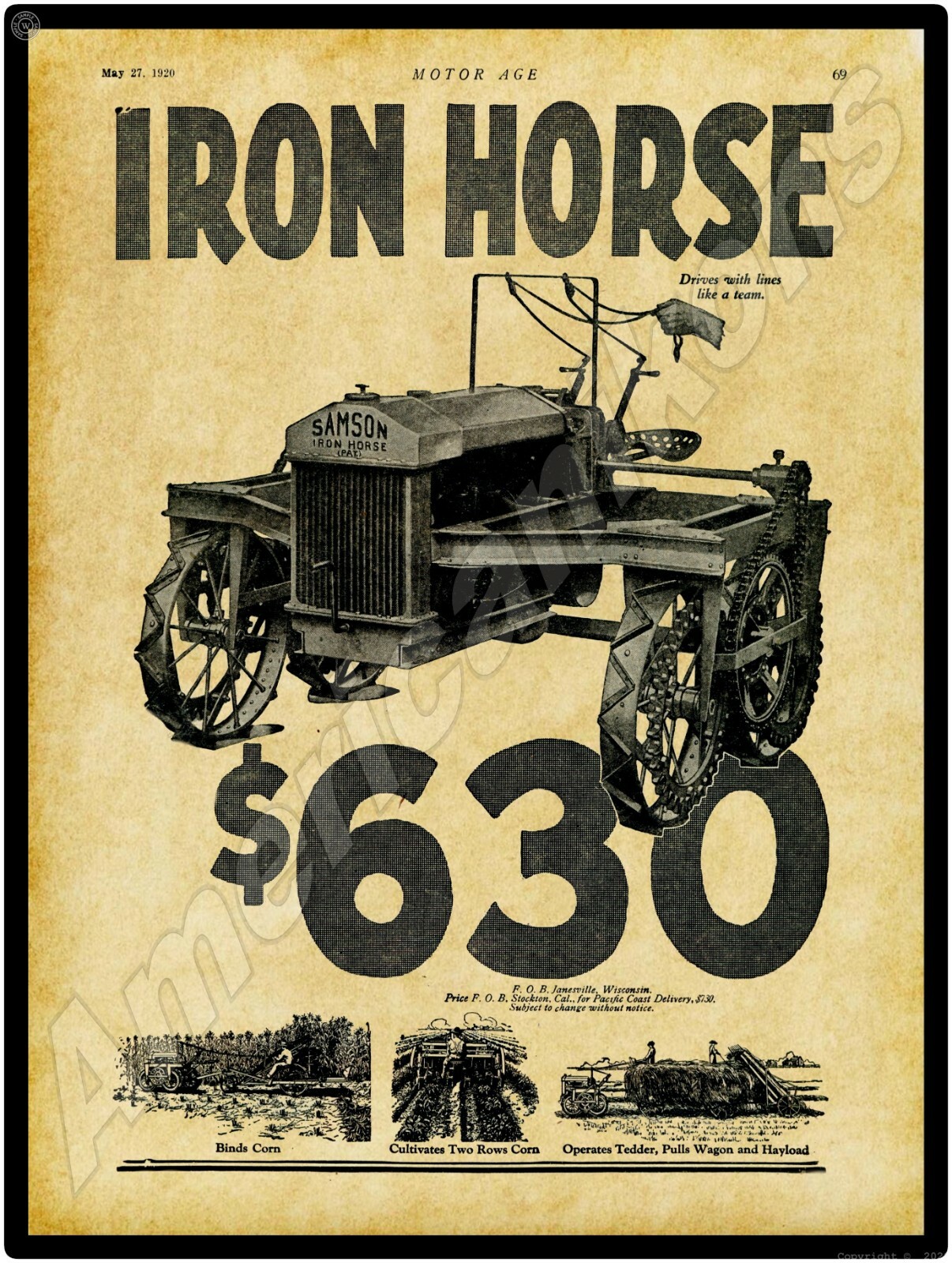 1920 Samson Tractors New Metal Sign: IRON HORSE – Janesville, Wisconsin