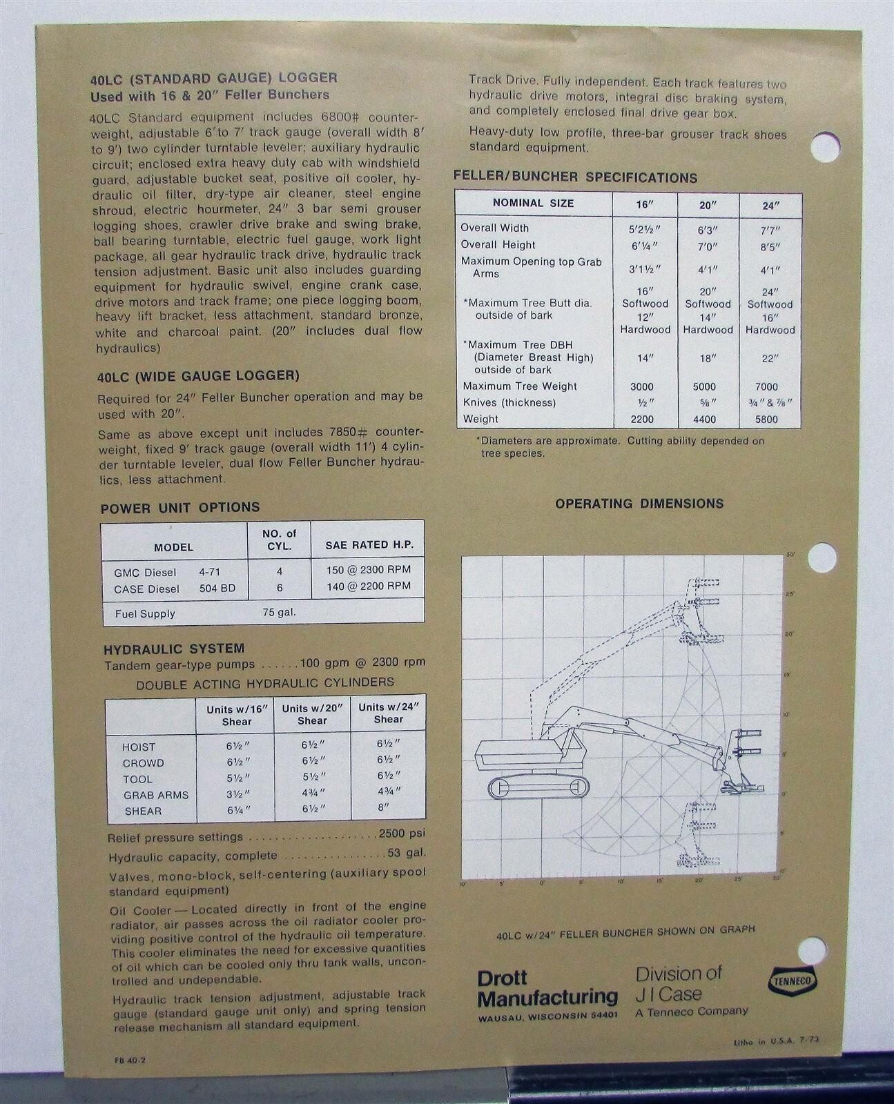 1974 Drott 40LC Feller Buncher Specifications Construction Sales Data Sheet