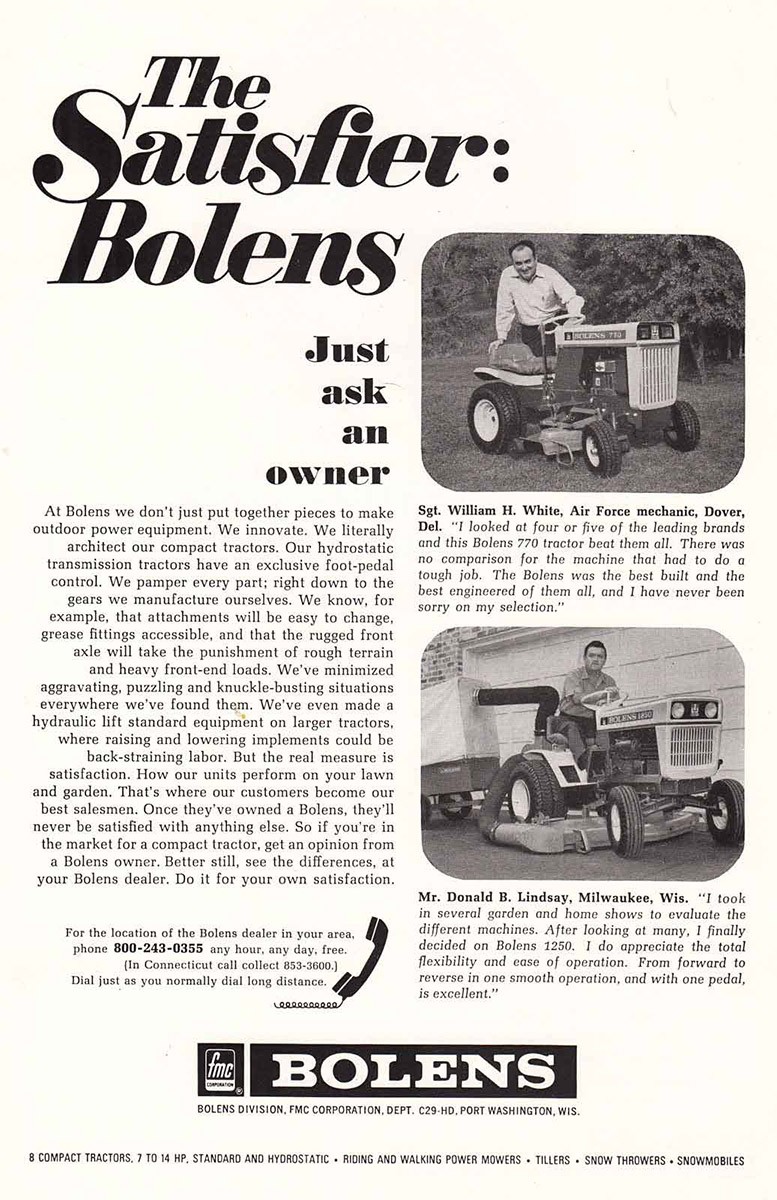 1969 Bolens Tractor: Satisfier Vintage Print Ad
