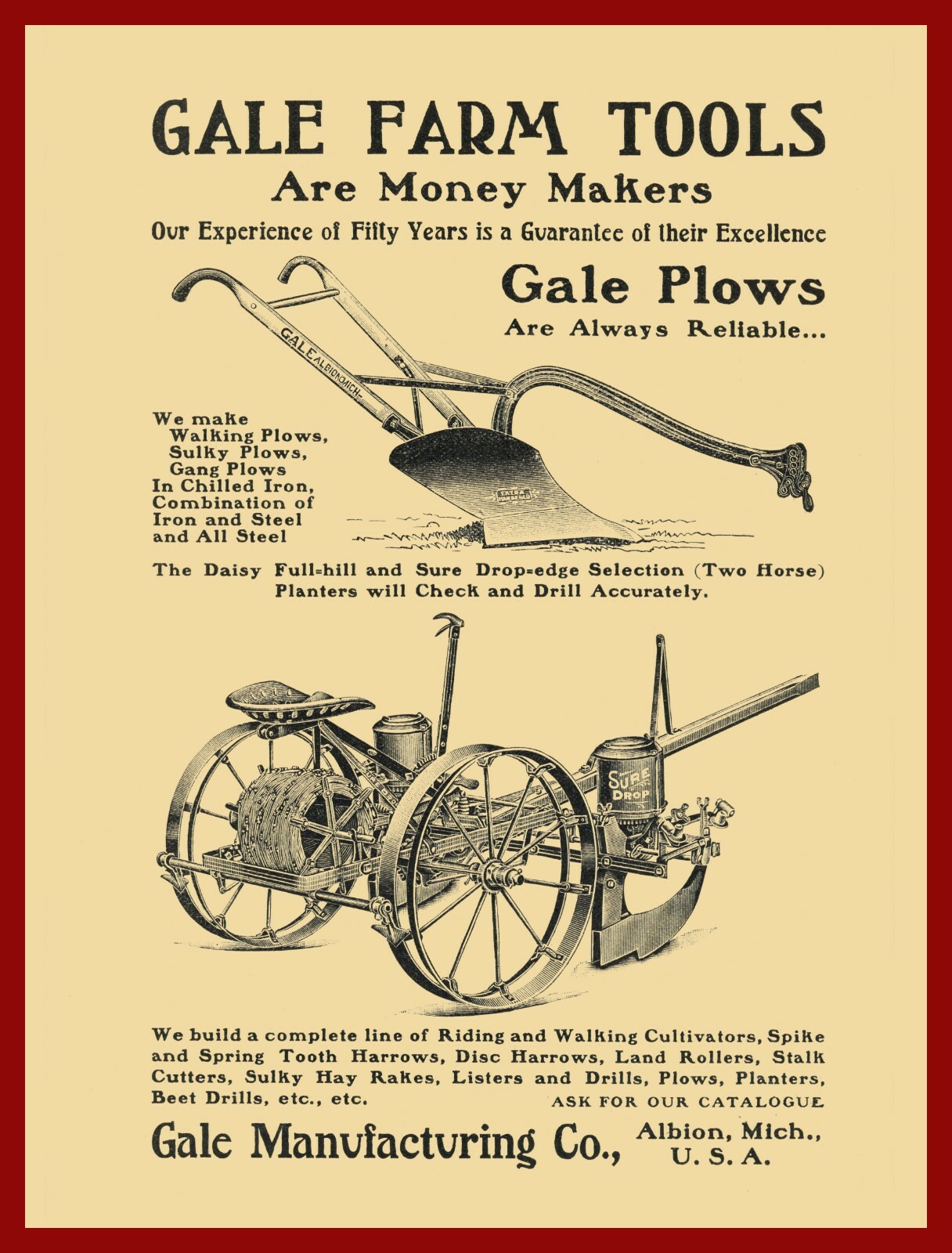 1905 Gale Farm Tools NEW Metal Sign: Plows, Planters Sure Drop. Albion, Michigan