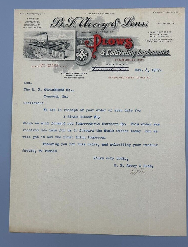 1907 B F AVERY & Sons PLOWS Antique Letter FARM Advertising ATLANTA GA
