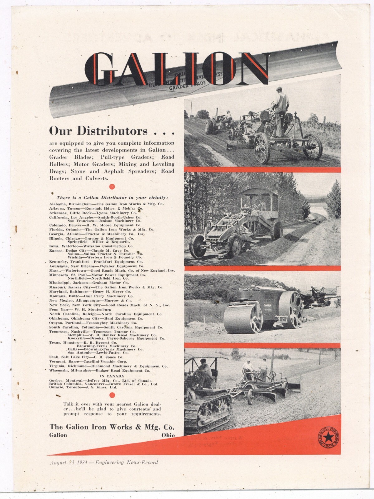 1934 Galion Iron Works Ad: Graders, Road Rollers. Galion OhiO. List of Dealers