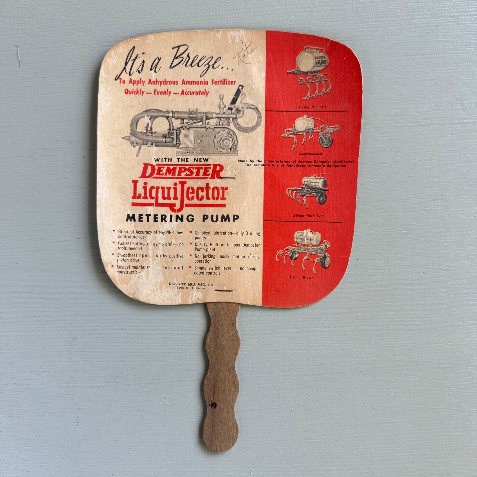Vintage Dempster LiquiJector Metering Pump Hand Fan Advertising Beatrice NE