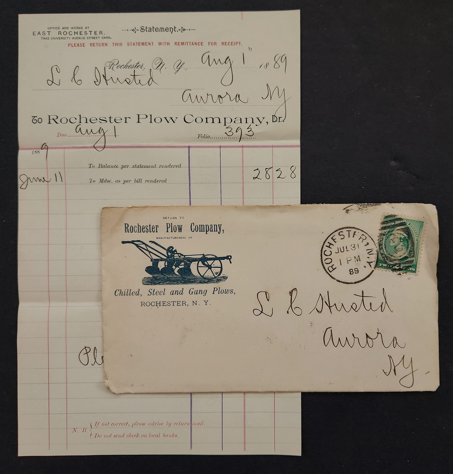 1889 antique ROCHESTER PLOW Co rochester ny BILLHEAD ENVELOPE aurora HUSTED