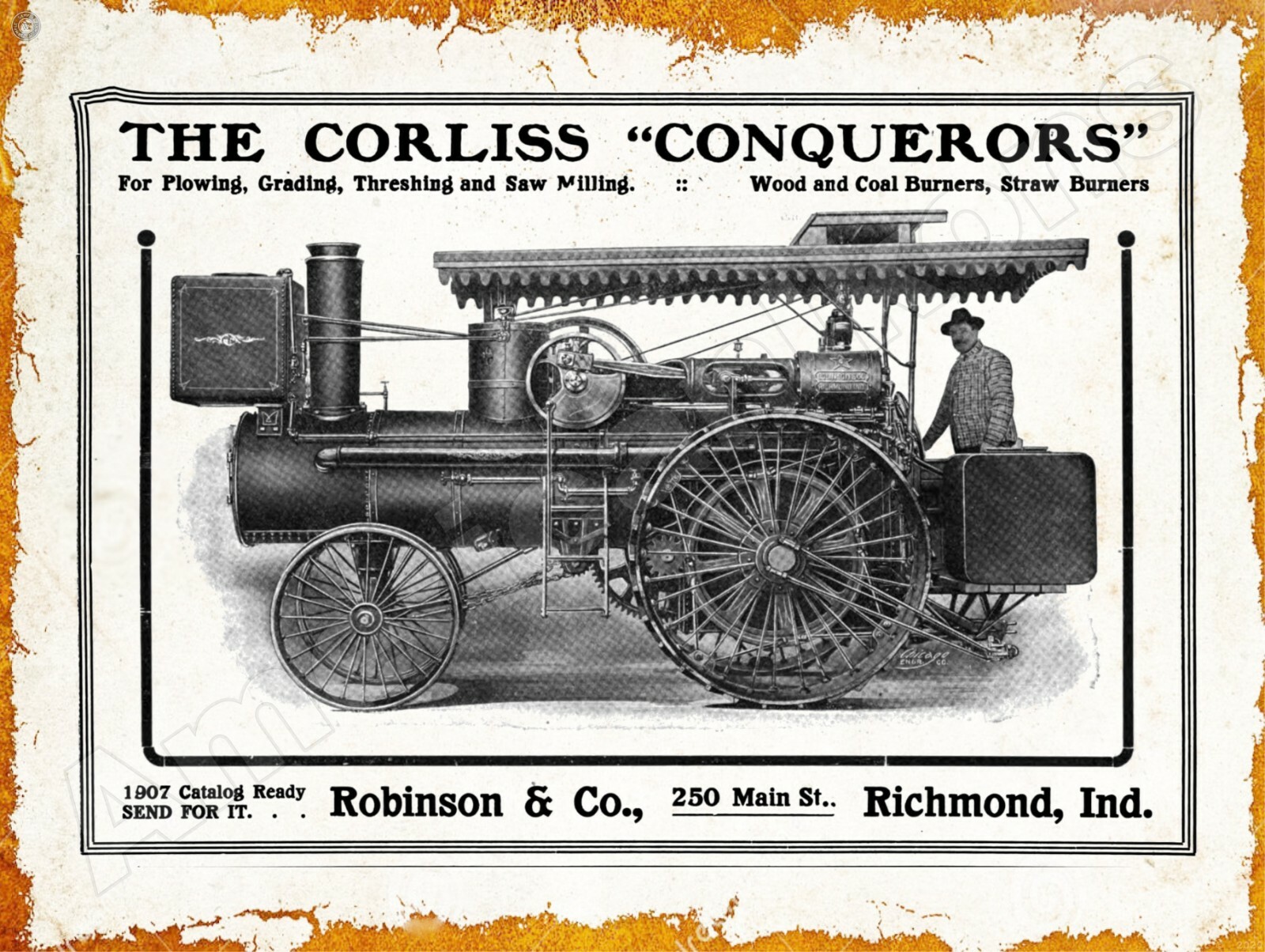 1907 Robinson & Co., Corliss Traction Engine New Metal Sign: Richmond, Indiana