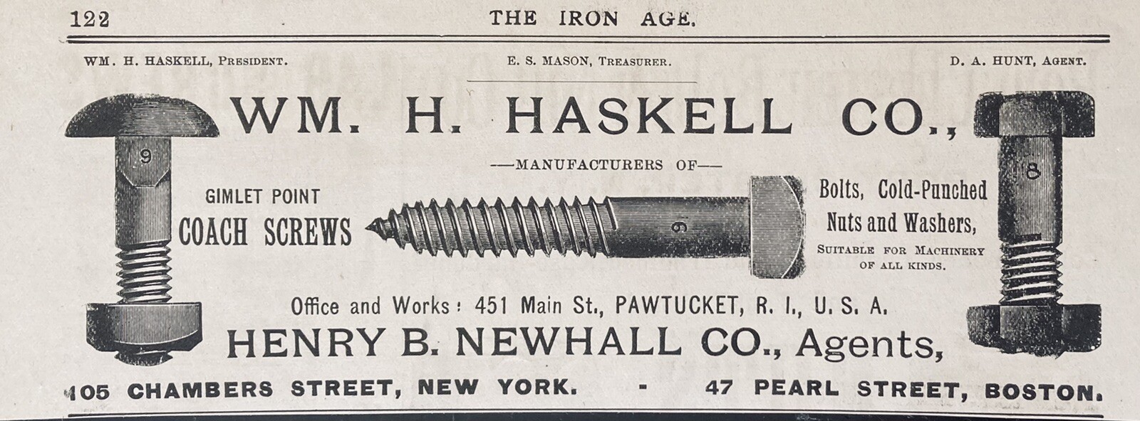 1894 AD.(XH8)~WM. H. HASKELL CO. PAWTUCKET, RI. COACH SCREWS, NUTS AND BOLTS