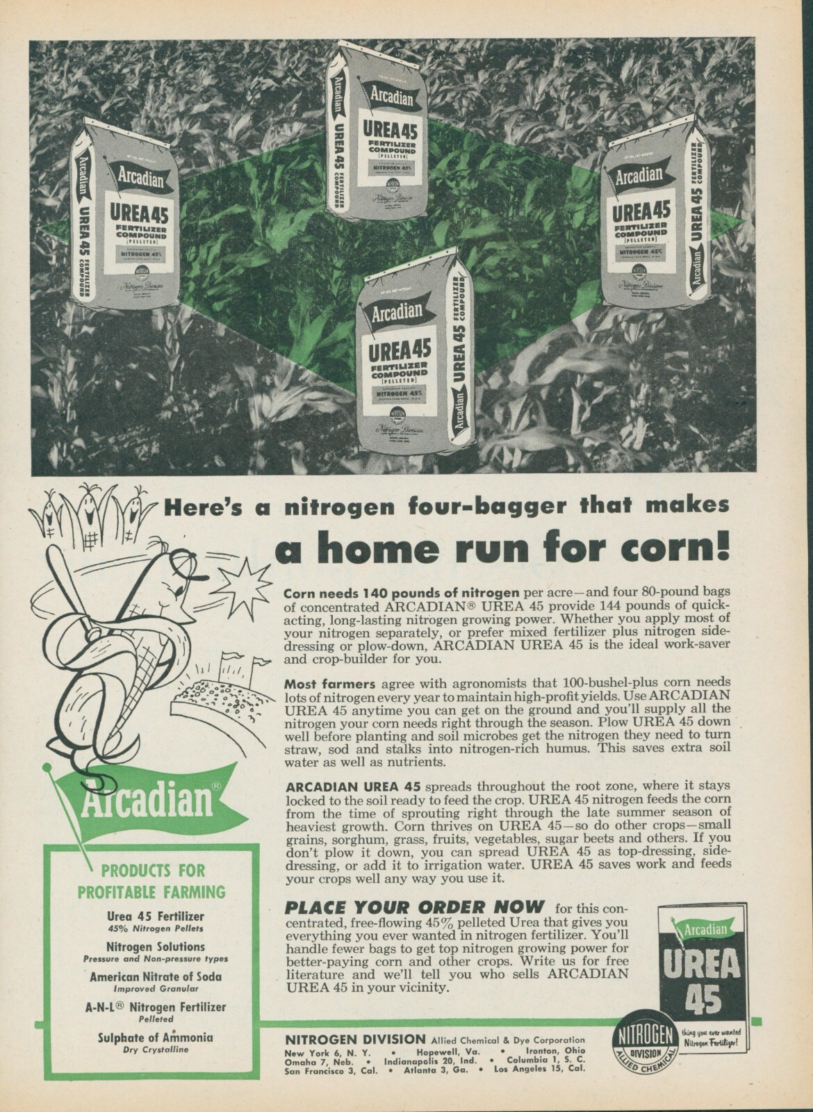 1955 Arcadian Urea 45 Anthropomorphized Corn Playing Baseball Vtg Print Ad FJ1
