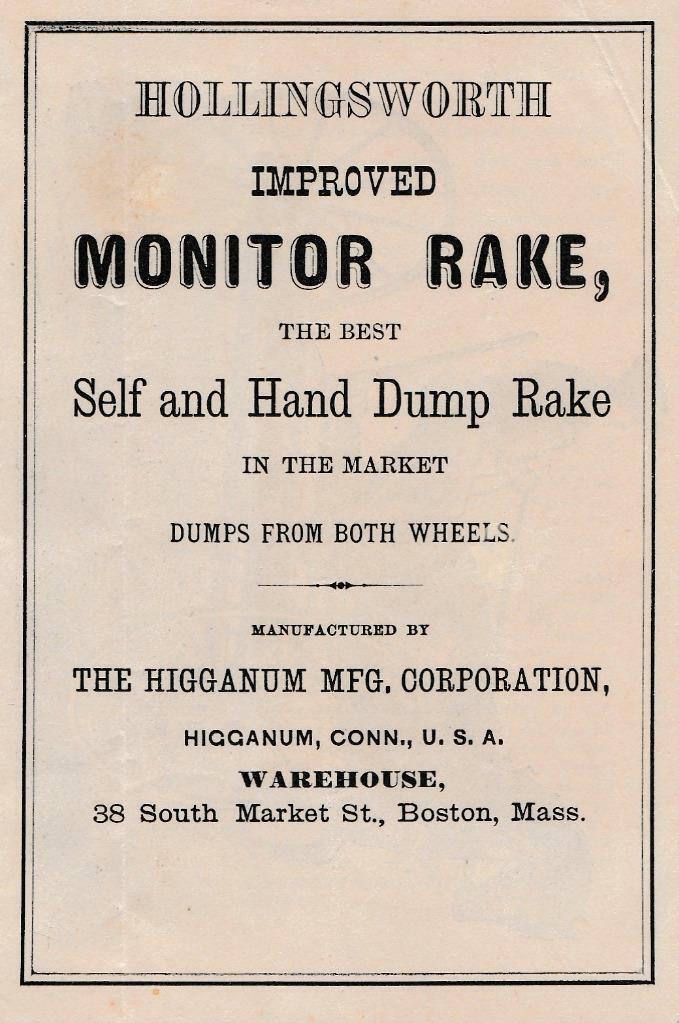 Advert Folder~1881~Hollingsworth Improved Monitor Rake~Higganum,CT Illust~VG