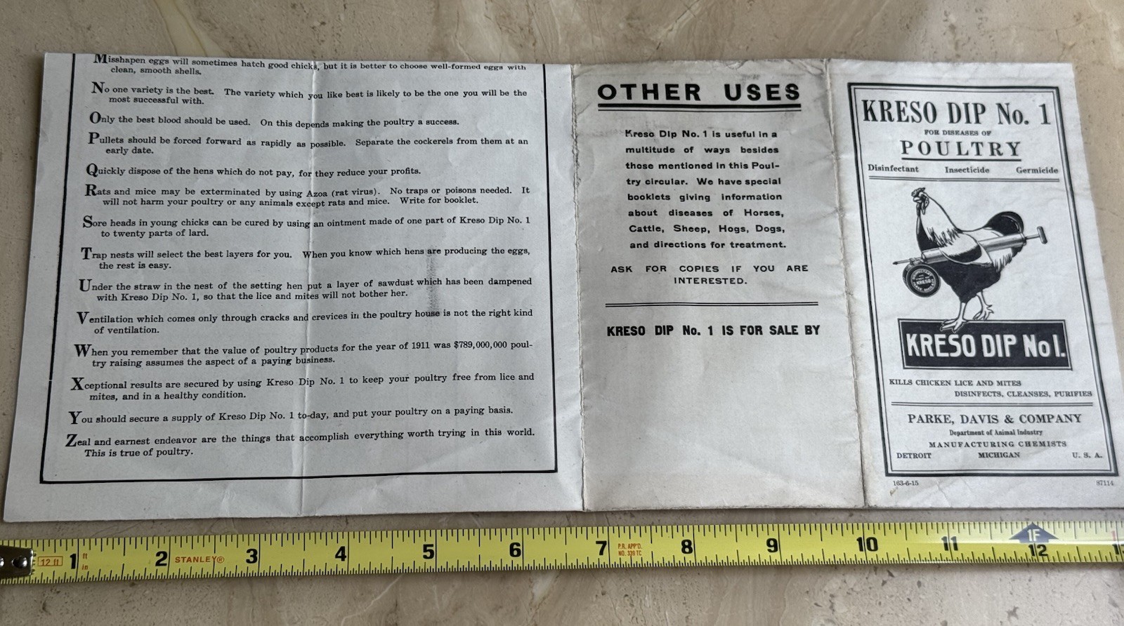 Antique Kreso Dip Poultry Lice Brochure Factory Tin Cans Parke Davis MI Illus