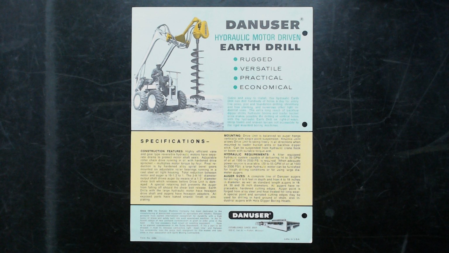 Danuser Hydraulic Motor Driven Earth Drill Brochure Vintage Agriculture