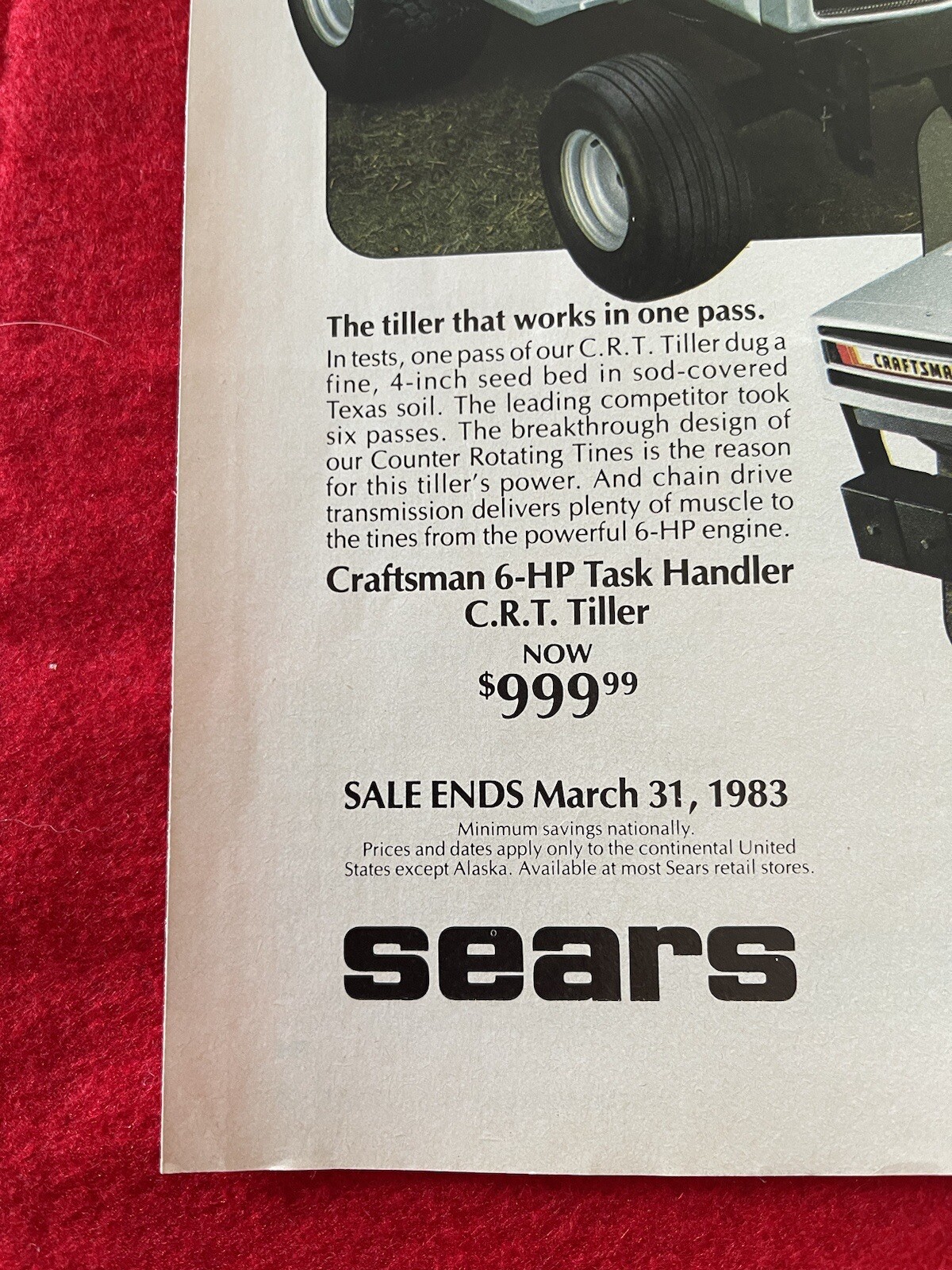 Vintage 1983 Sears Lawn Tractor Tiller Print Ad